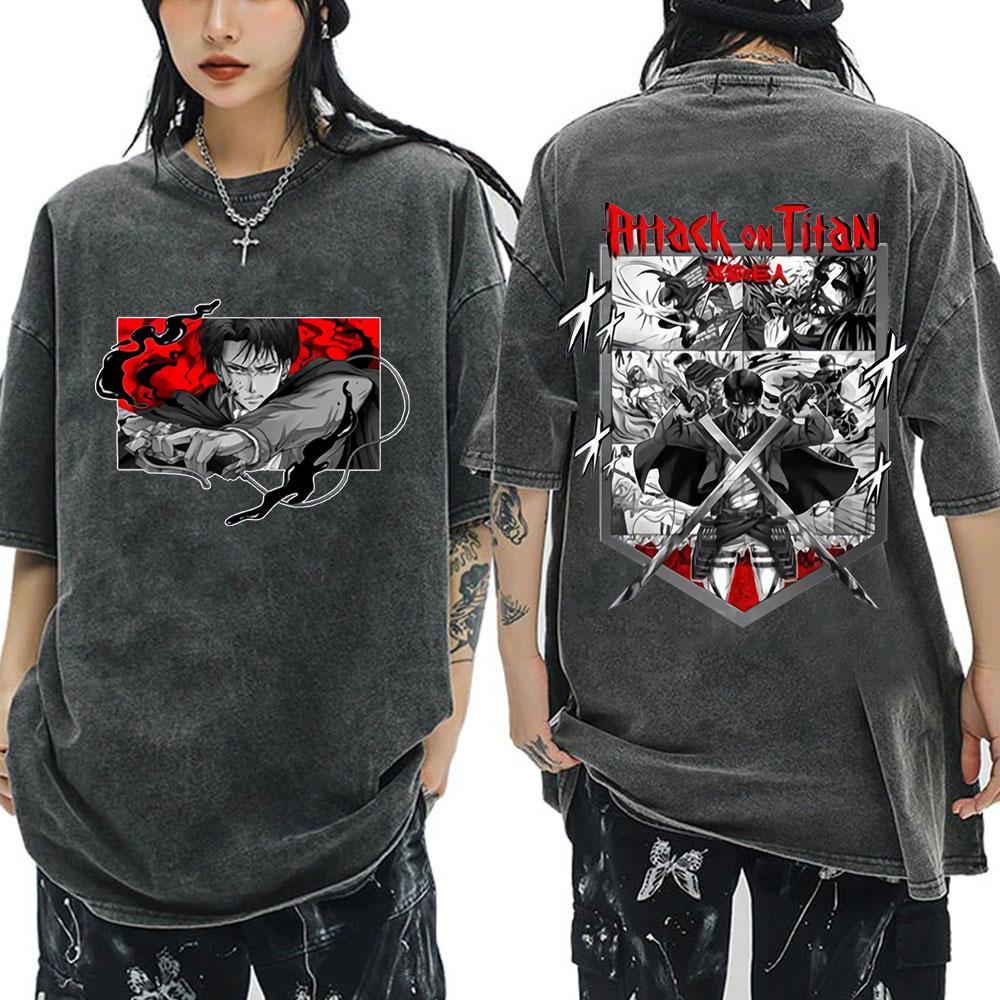 Anime Attack On Titan Washed T-Shirt Ackerman Mikasa Eren Jaeger Cherry Blossom Graphics Logo T Shirt Men Women Cotton T Shirts