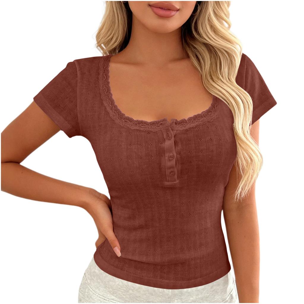 Women Short Sleeve Ribbed Knit Top Lace Trim Square Neck Button Casual Fitted T Shirt Blouse