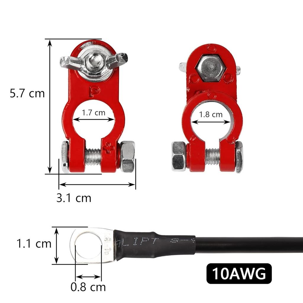 1 Pair Battery Connector Wires 10AWG Red and Black Car Battery Cable Aluminum Alloy Connector Clamp for Automotive Marine Solar Motorhome Motorcycle