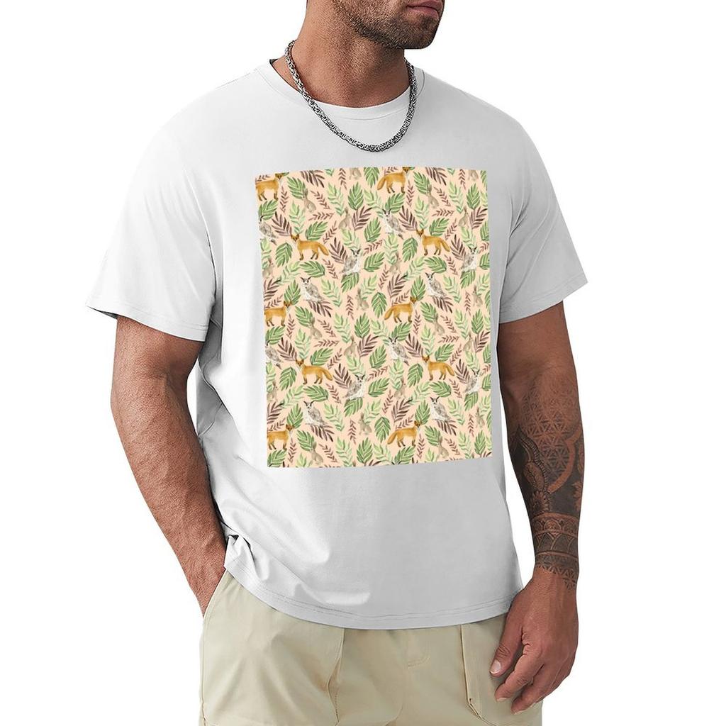 Foxes Owls Rabbits Beige Pattern TShirt Funny Shirt Cotton Plus Size Clothes Men T Shirts High Quality