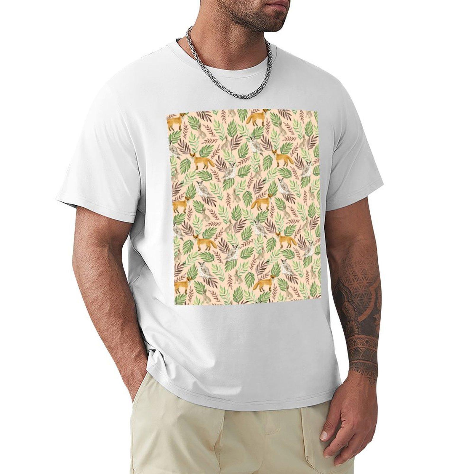 Foxes owls rabbits Beige pattern TShirt funny shirt cotton plus size clothes men t shirts high quality S
