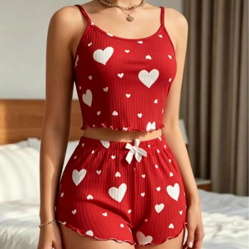 Heart Print Camisole and Shorts: Women's Autumn Ribbed Pajamas and Casual Wear