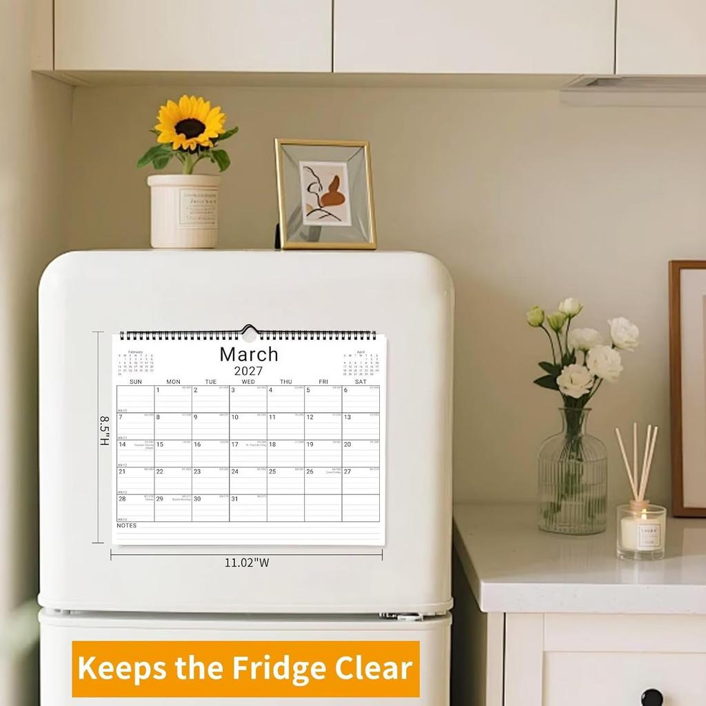 2026 Wall Calendar, 12 Month 11”x8.5 ‘’ Year Monthly Organizer from January 2026-2027 Small Mini Horizontal Blank Spiral Bound Wire Hanging