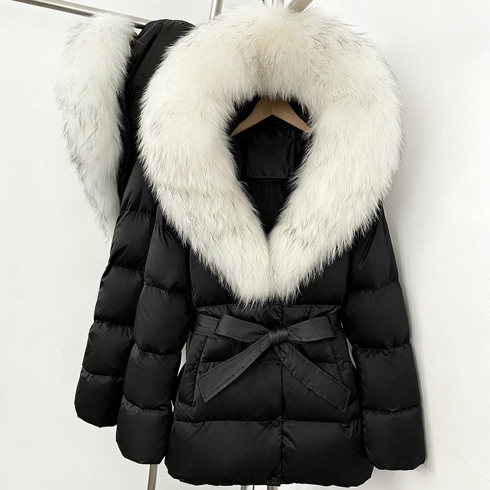 Herbst- und Winter-Locker geschnittene Schnür-Dicke Kapuzen-Daunenjacke Damen Retro Vielseitig Natürlicher Echter Fuchsfellkragen Jacke