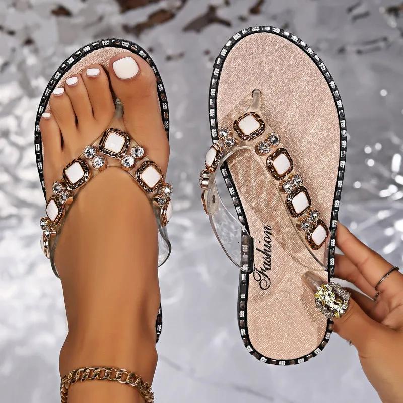 Scarpe da Donna 2025 Moda Nuove Ciabatte Estive da Donna Tinta Unita Diamante Brillante Tacco Basso Infradito da Esterno da Spiaggia Donna