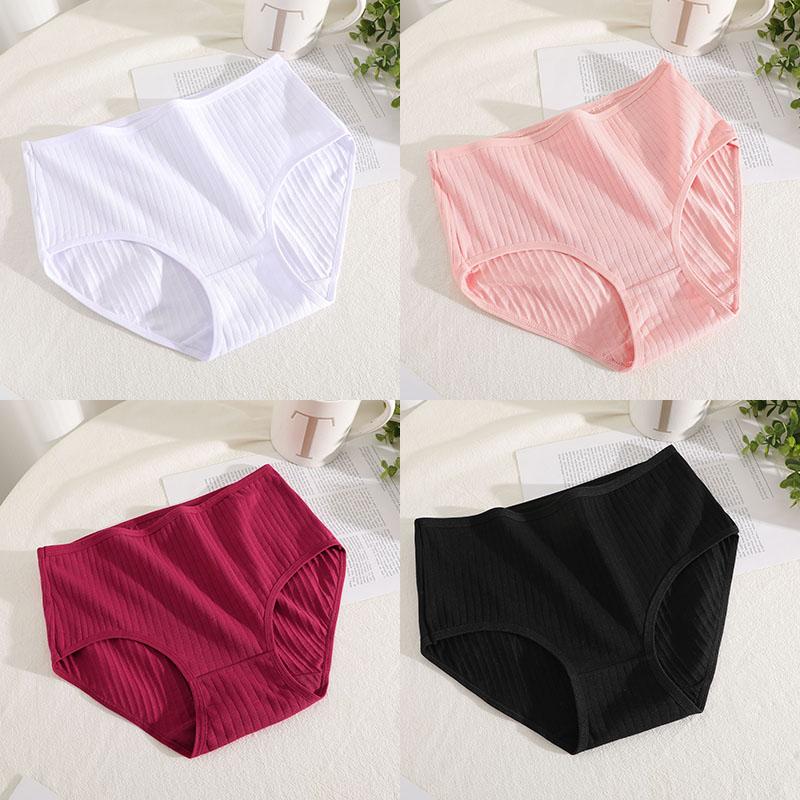 4Pcs/Set Mid Waist Cotton Panties for Women Sexy Lingerie Plus Size Strips Briefs Female Comfort Intimates Underpants