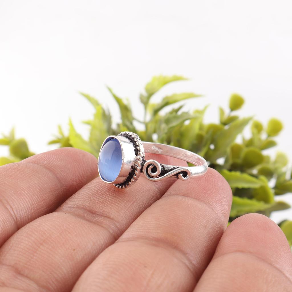 Dark Blue Cat's Eye Gemstone Ring, 925 Solid Sterling Silver Jewelry, Handmade Designer Ring Gift For Sister