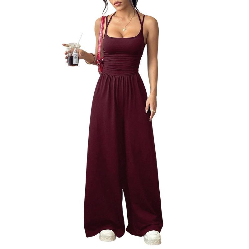 Women's Crisscross Spaghetti Strap Square Neck Ruched High Waist Wide Leg Long Jumpsuit Casual Summer Romper