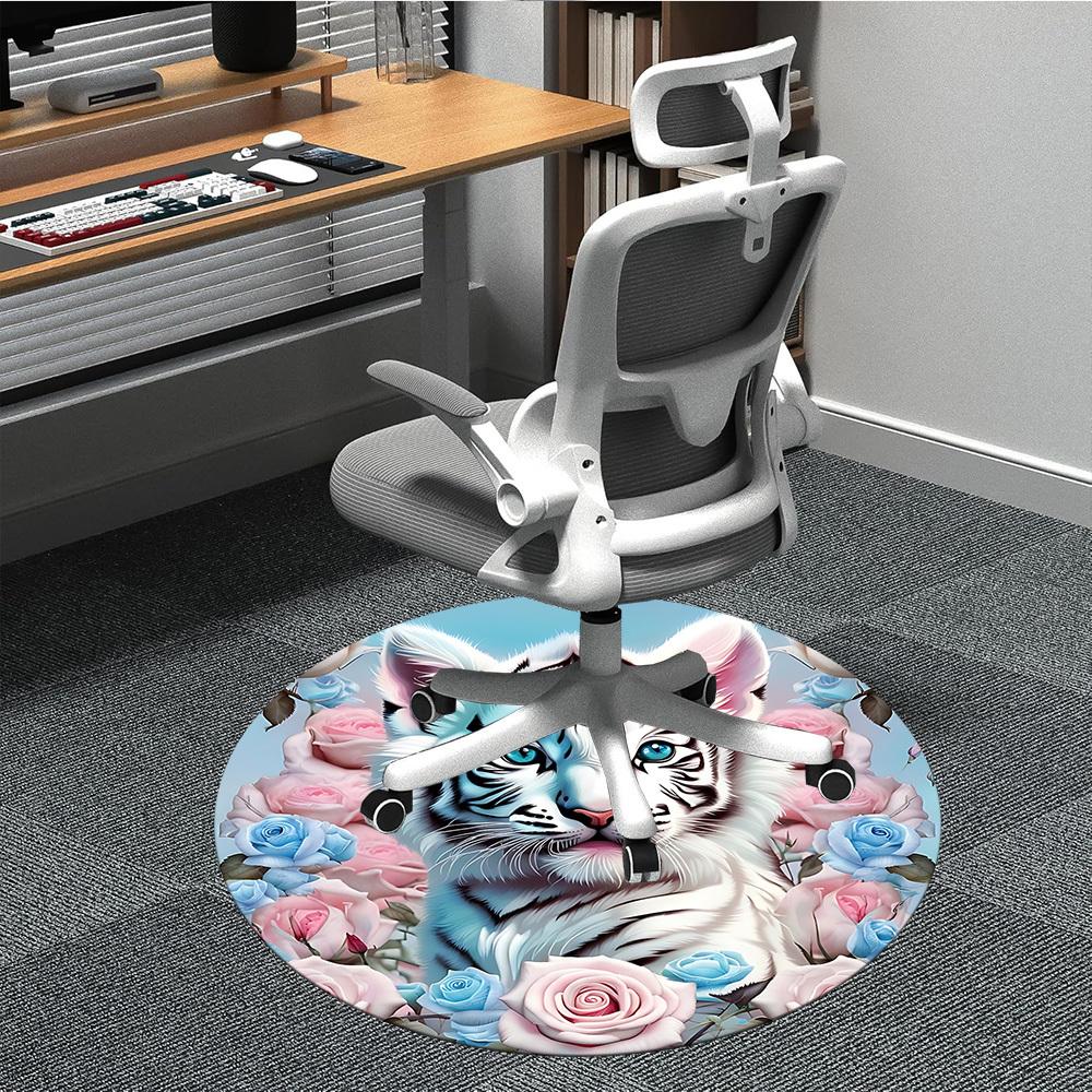 

1pc White Tiger Roses Chair Carpet for Office, Non slip, Soft and Durable Office Rug for Interior Decoration 80cm