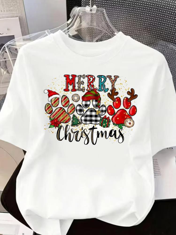 (Asian Size) letter sweet O-neck T Shirt Short Sleeve T-shirts Merry Christmas Fashion Women's Top Print Casual New Year Clothing Graphic Tee