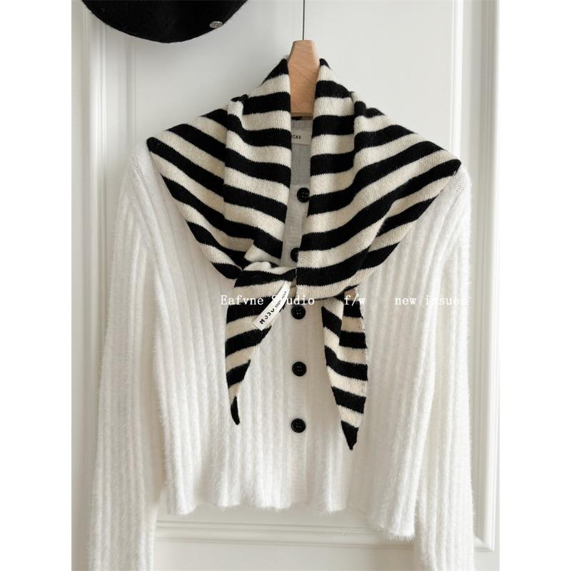 Triangular Scarf  Headscarf Knitted Striped Scarf  Women's Multi Functional Small Scarf