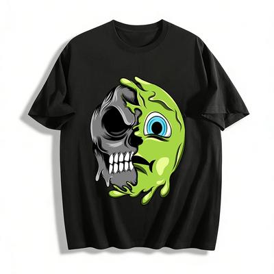 Half Skull Melted Green Face Print Trendy Casual Short Sleeve T-Shirt Pure Cotton T-shirt
