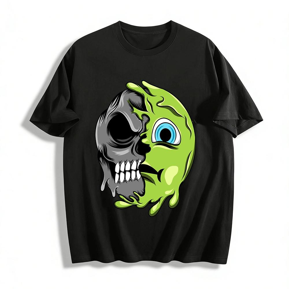 Half Skull Melted Green Face Print Trendy Casual Short Sleeve T-Shirt Pure cotton T-shirt XXS