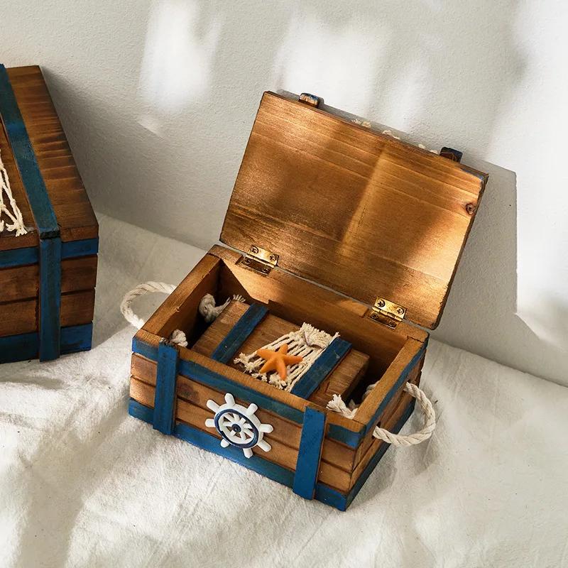 Mediterranean Wooden Retro Treasure Box Three Piece Set Decoration Display Window Display Pirate Style Decoration Storage Box