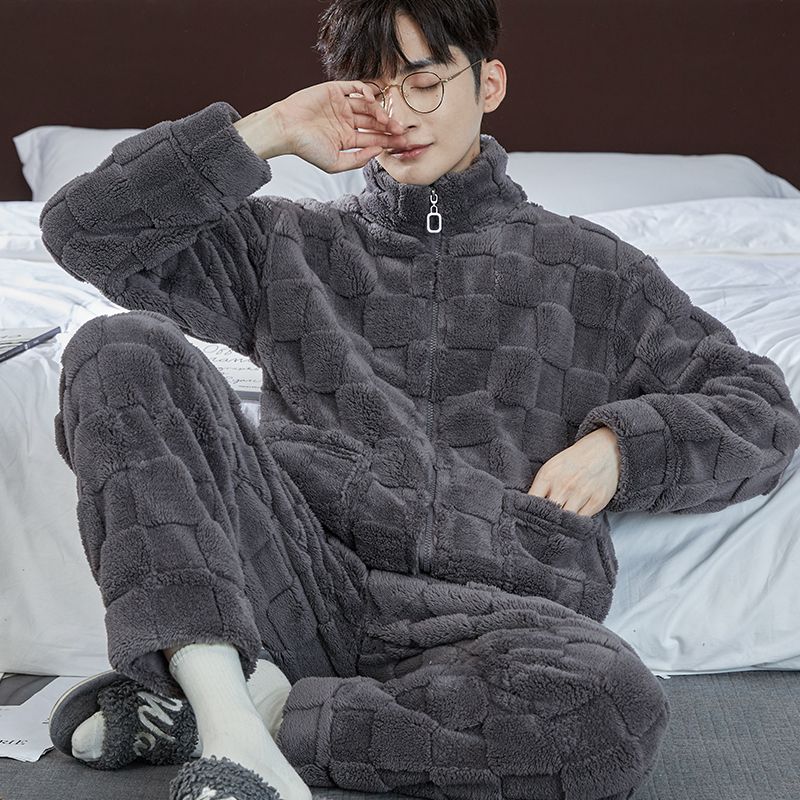Men's Pajamas Winter Flannel Thickened Plus Velvet Homewear Autumn And Winter Days Warm Coral Fleece Zipper Style Two-piece Set