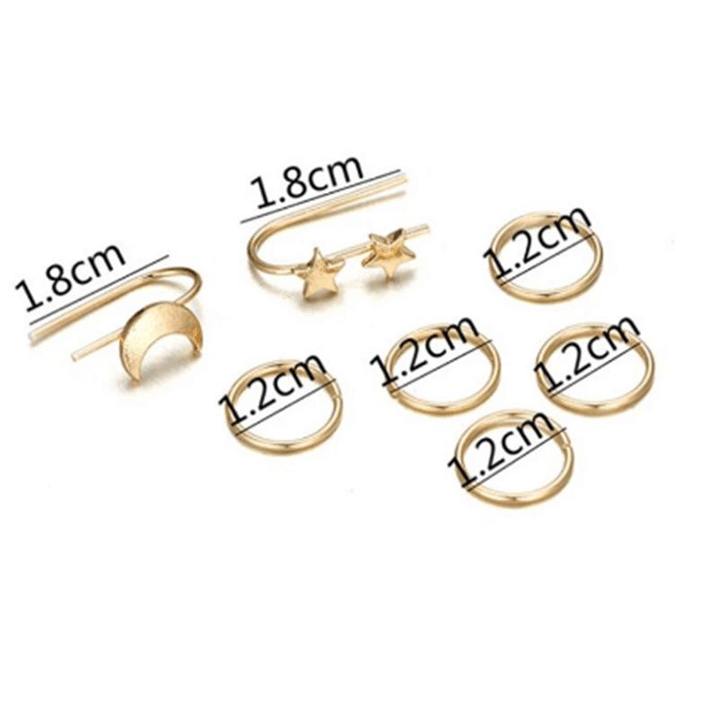 7pcs/lot women's clip earrings open ear cuff without piercing hiphop boucle oreille femme gold color metal star moons ear clips