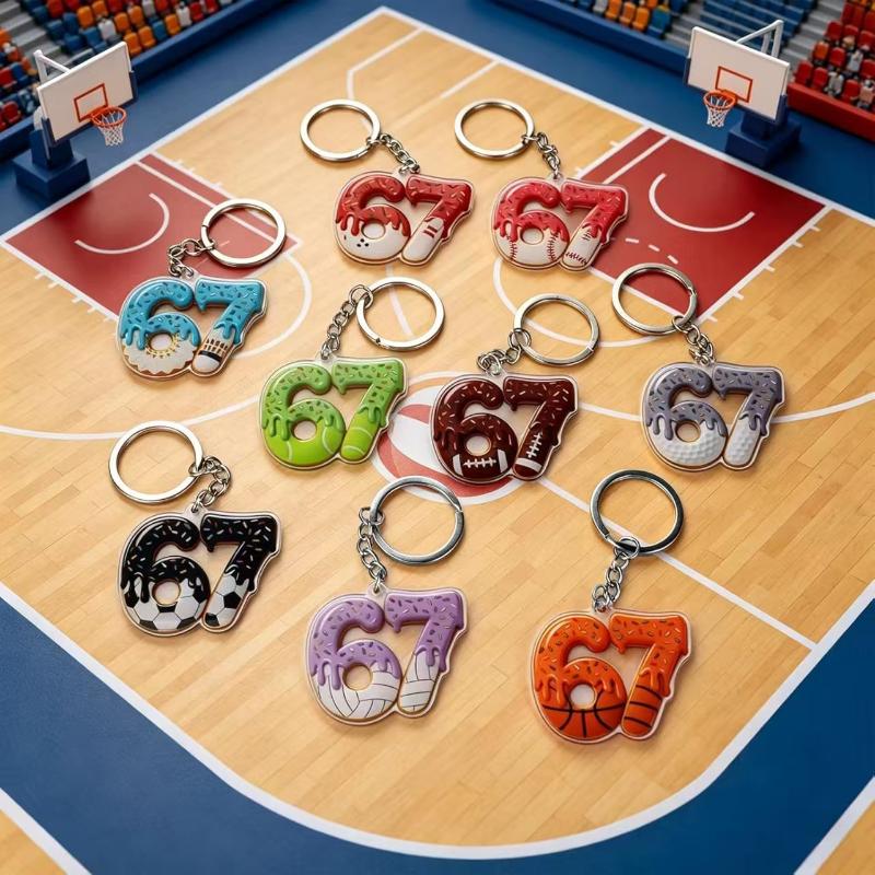 2D Flat Acrylic Keychain Cute Blue Icing Donut 67 Badminton Pattern Non-Fading Key Decor for Backpack Pendant