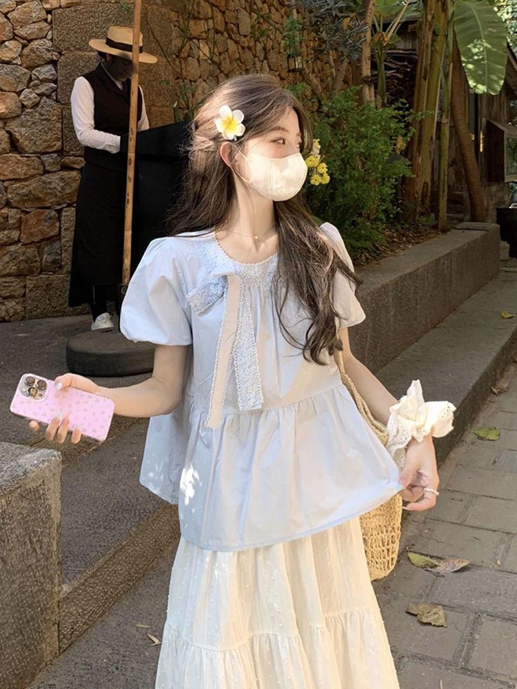 Women Casual Babydoll Blouse, Light Blue Round Neck Puff Short Sleeve Lace Ribbon Bow Decor Loose Flowy Hem Summer Shirt Top m синий