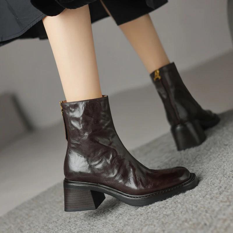 Autumn Vintage Thick Heel Women Ankle Boots Fashion Back Zippers Shoes Ladies Elegant Square Toe Mordern Short Booties