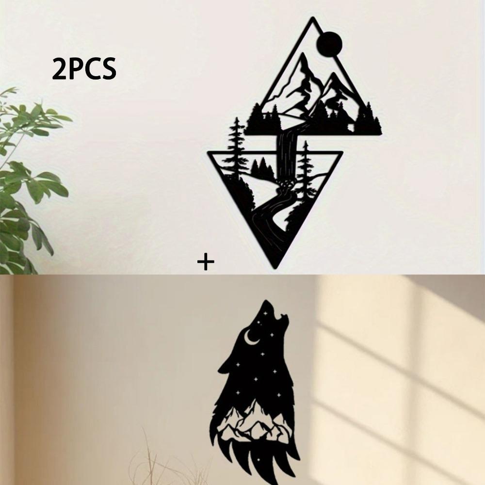 2PCS Mountain Wolf Silhouette Metal Wall Art Nature Wilderness Home Cabin Decor Set