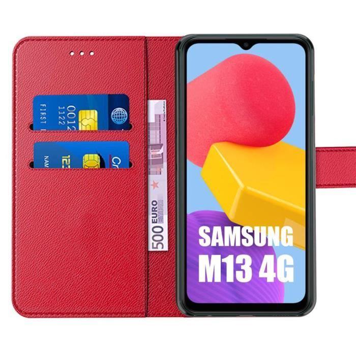 Coque pour Samsung Galaxy M13 avec 2 Verres Trempés - Protection Effet Cuir Rouge Fermeture Magnétique