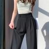Women's Black Wide-Leg Pants In Draping Ice Silk: High Waist, Double Button, Slimming Design, Straight Leg, Perfect for Summer.