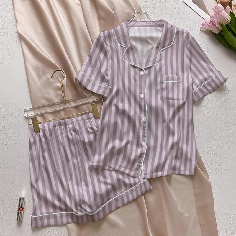 Summer Short Sleeve Tops and Shorts Pajamas for Woman Korean 2 Piece Women Set Silk Fashion Sleepwear Elegant Green Stripe Satin Pajama Set Young Girl