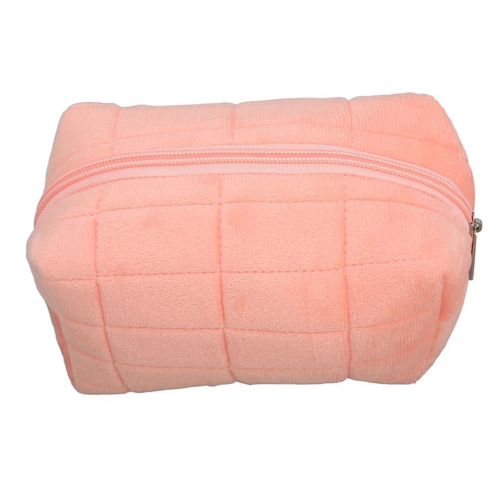 Women Makeup Storage Bag Large Capacity Soft Plush Zipper Closure Checkered Cosmetic Bag