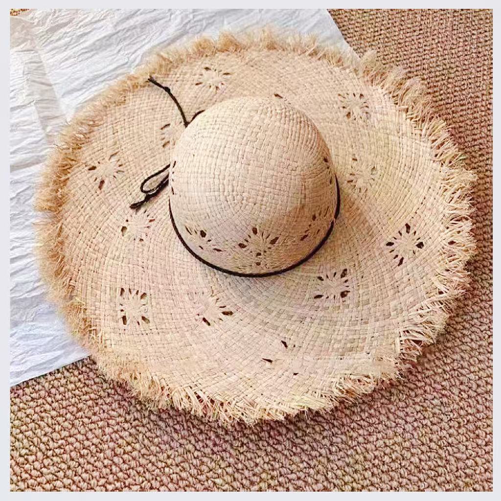 Hollow Lafite Straw Hat Women's Summer Seaside Beach Sunshade Sunscreen Hat Big Brim Sun Hat New