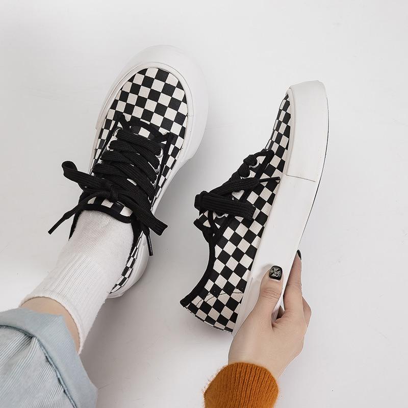 Black and white plaid canvas shoes women's trendy new board shoes spring platform heightening shoes big head shoes cute shoes