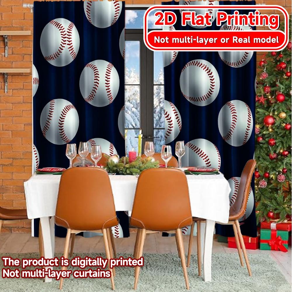 Contemporary Flat Printing Baseball Cascade Popular Curtains Polyester Decorations Perfect Study Living Set Of 2 Made