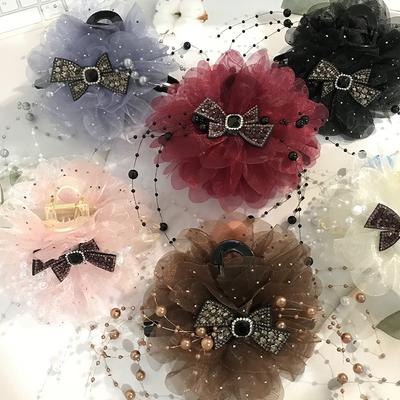 Elegant Mesh Peony Flower  Bow Tassel Hair Clip Women Ponytail Hairpin Headwear Accessories