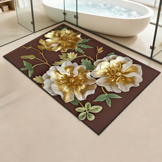 3D Floral Bath Mat Diatomaceous Earth Absorbent Floor Mat Non Slip Realistic Flower Bathroom Rug