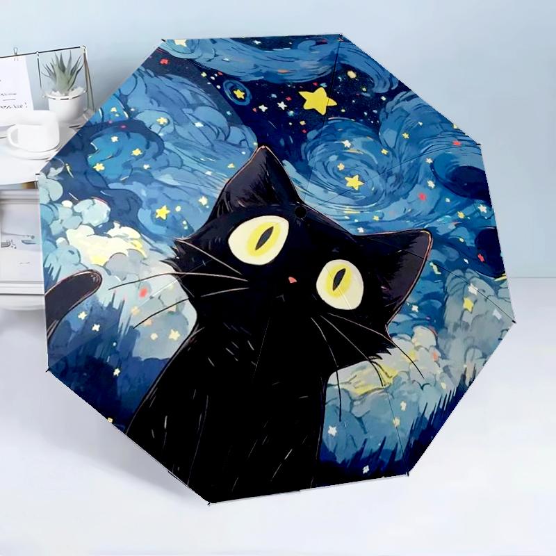 Starry Night Cat 8-Frame for Travel, Camping, Casual Lightweight Portable Umbrella, Essential for Every Family Holidays Birthday Gift