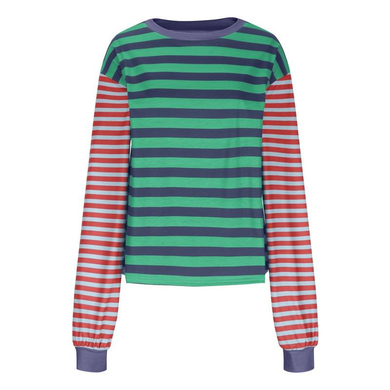 Plus Size Women's Spring and Autumn New Loose Casual Striped Round Neck Long Sleeve T shirt