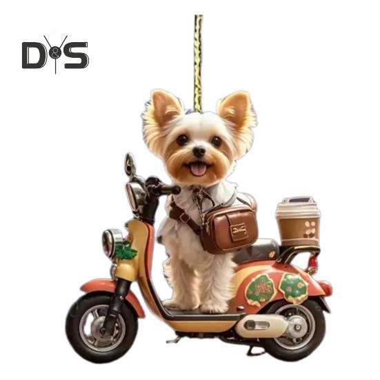 Decorazione natalizia Cucciolo che guida motocicletta Ciondolo in acrilico Albero di Natale Ornamento da appendere per la casa delle vacanze Decorazione per auto