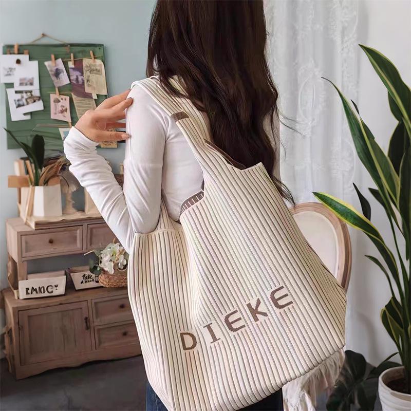 Classic Korean-Style Canvas Tote: Large Capacity, Versatile Striped Shoulder & Crossbody Bag for Women