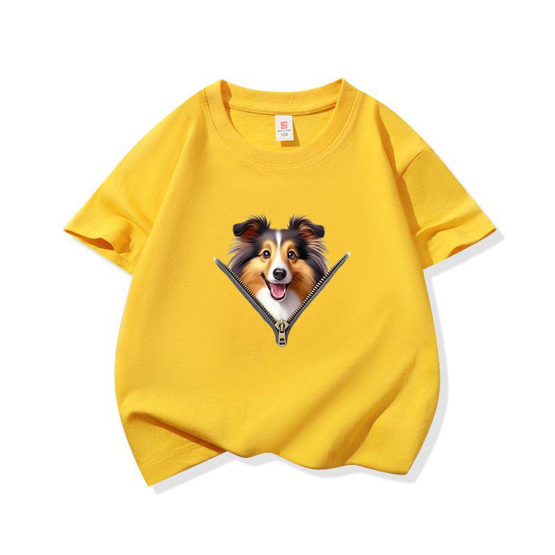 Kids Cotton T Shirt Lovely Sheepdog Zipper Print Crew Neck Short Sleeve Tee Casual Breathable Boys Girls Summer Tops