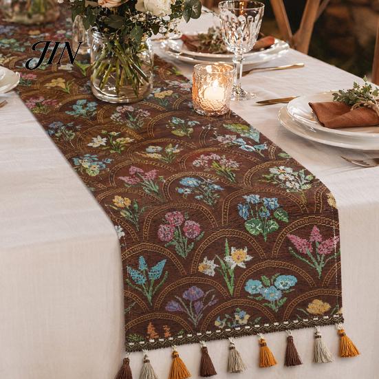 Classic Style Table Runner Jacquard Floral Runner, Vintage with Tassel Edges, Heat Resistant Farmhouse for Wedding Baby Shower Dining Decor