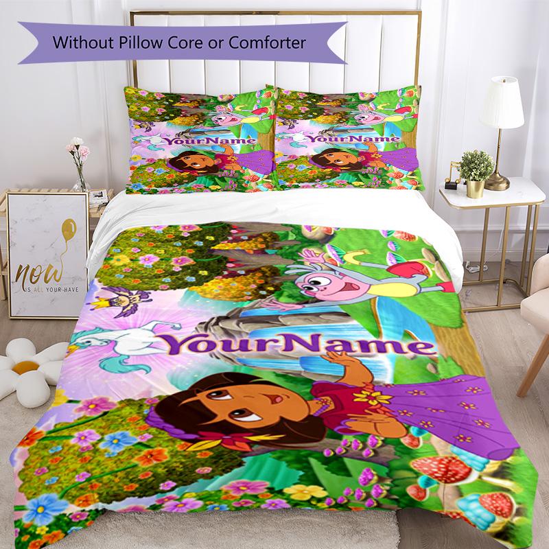 Dora Explorer Customize Your Name Bedding Set Breathable Duvet Cover with Pillowcases Home Decoration Birthday Gift