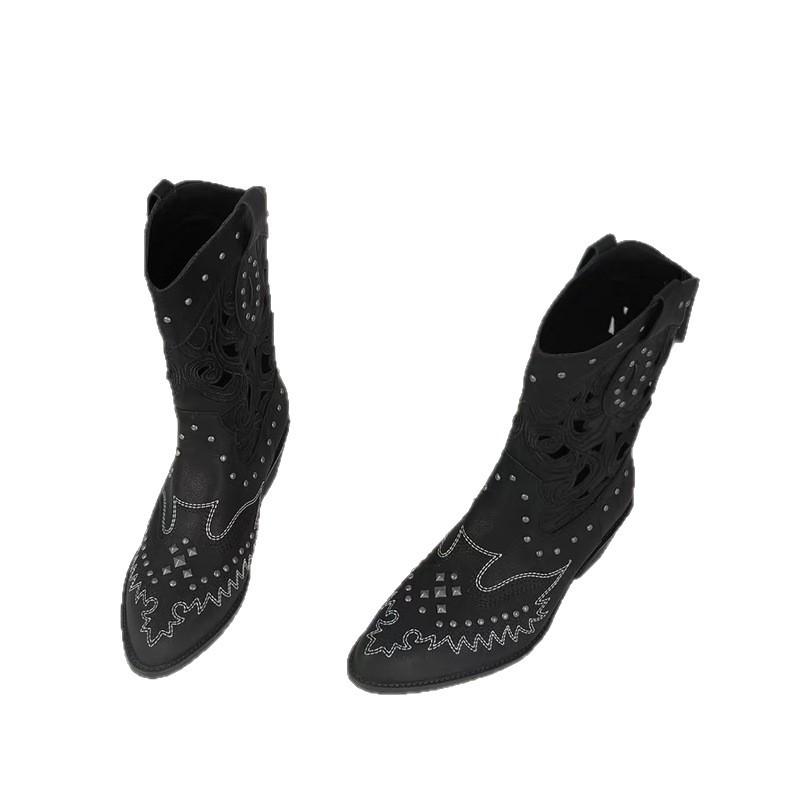Retro pointed versatile hollow thick-soled western boots women's embroidery slim long cowboy boots thick heel high tube Martin boots