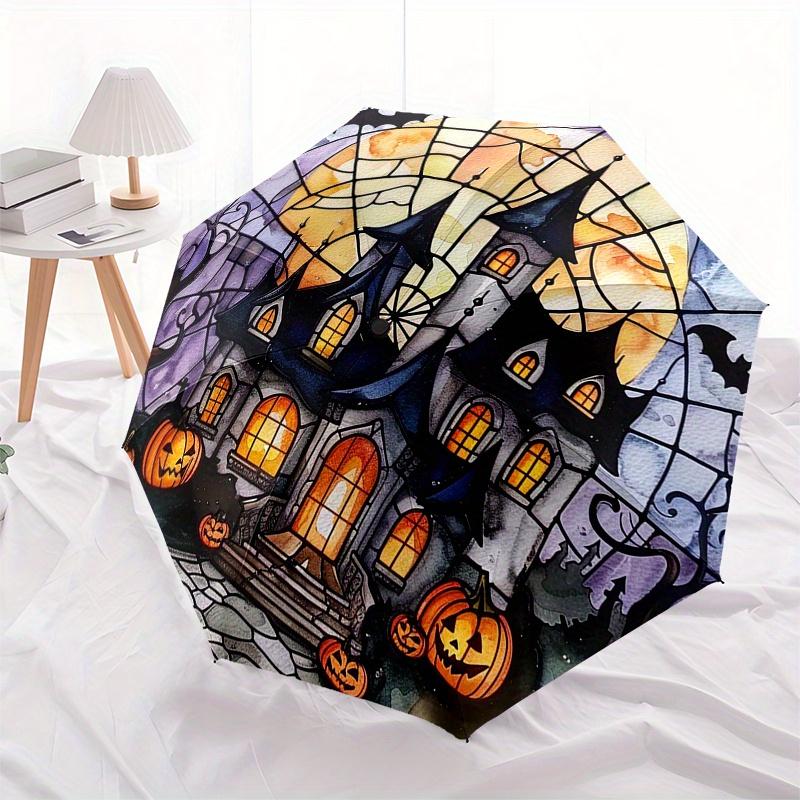 Halloween Haunted House Stained CoasterUmbrella, Portable 3-Fold Compact Umbrella,Christmas Gift ES598