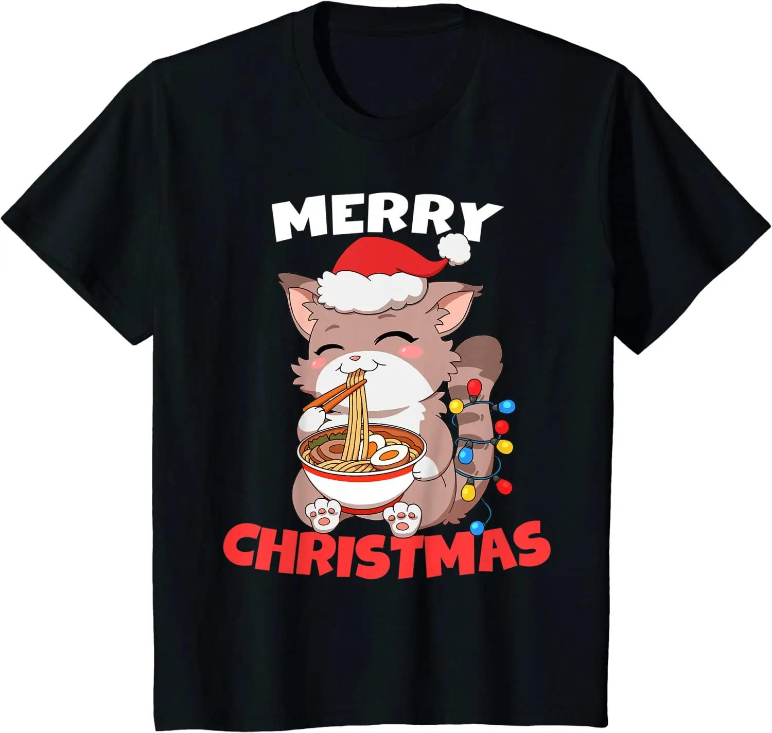 

Merry Christmas Anime Kawaii Cat Ramen Xmas Lights T-Shirt S армия зеленый