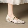 Cowhide woven mesh hole shoes 2025 spring and autumn models square head thick heel one-button metal hollow fashion sandals