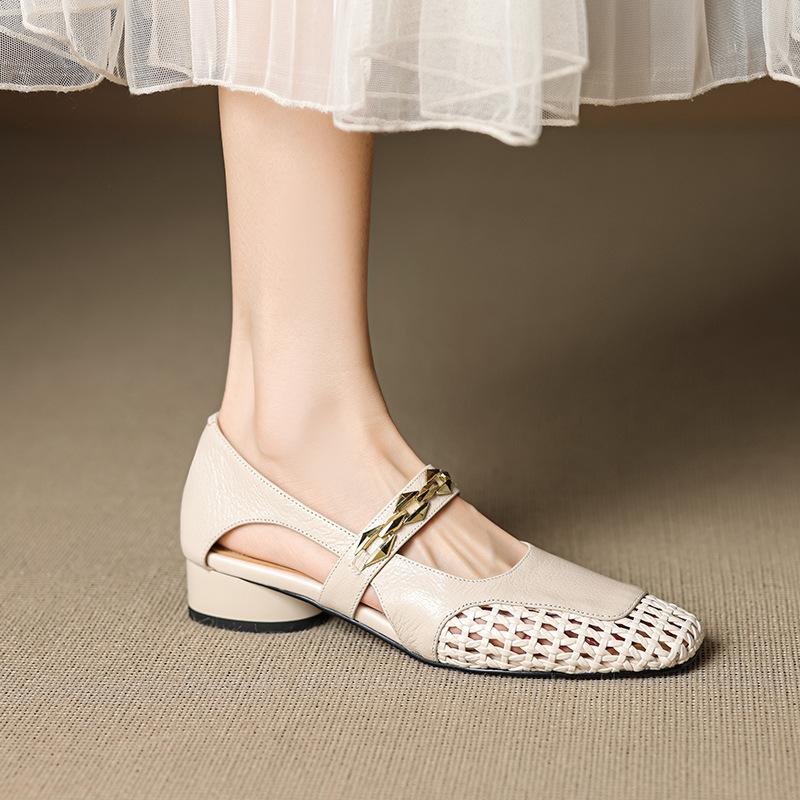 Cowhide woven mesh hole shoes 2025 spring and autumn models square head thick heel one-button metal hollow fashion sandals