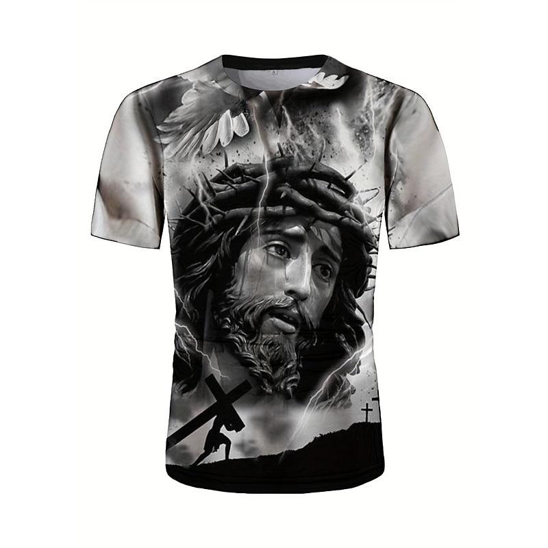 Men's Summer Breathable 3D T-shirt Jesus Christ Cross Print Crew Neck Short-Sleeve Fashion Trendy Faith-Based Daily Top