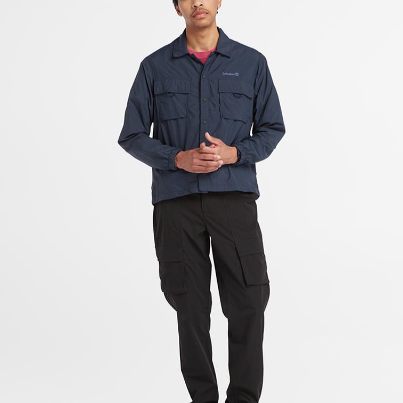 Timberland Solid Color Front Pocket Spliced Water-Resistant Loose Casual Breathable Long Sleeve Shirt Men shirts Deep-Sapphire-Blue A2NFJ-433