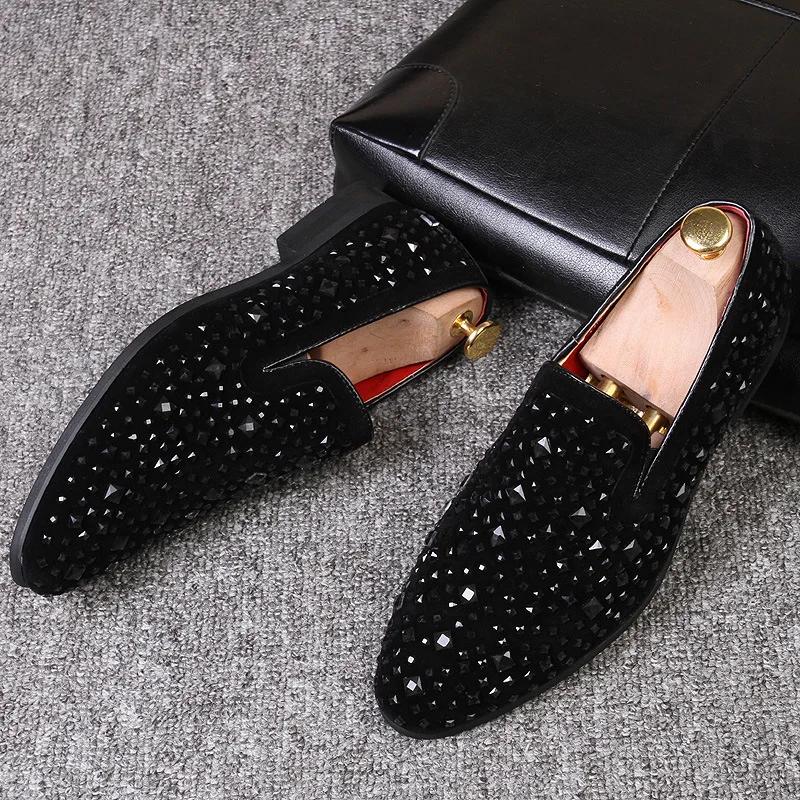 Fashion Men Leather Shoes Man Loafers Casual Fashion Mens Rhinestone Driving Shoes Man Flats Dress Wedding Slip-on Club Sneakers New