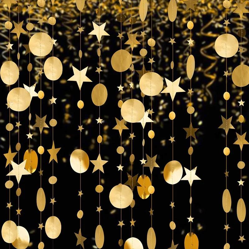 4M Champagne Gold Glitter Star Round Paper Garland Birthday Wedding Bachelorette Party Decorations Anniversary Backdrop Decor
