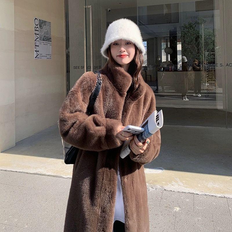 Women Faux Fur Coat Solid Long Fur Coat Fluffy Luxury Loose Casual Stand Up Collar Fur Coat Outerwear Winter